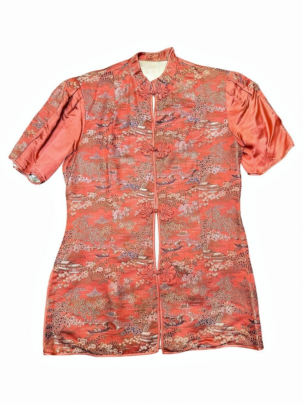 Vintage Women’s Floral Mandarin Collar Blouse in Red